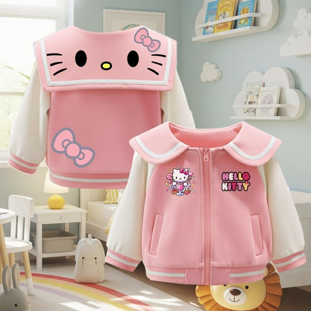 PINKเสื้อกันหนาวเด็ก เสื้อปกทหารเรือ แบบหนา ขนมิ้น กระเป๋าหน้า ลายน่ารัก