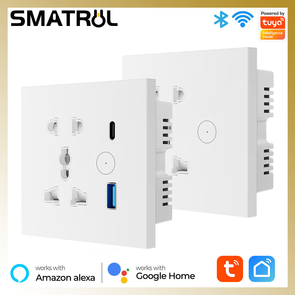 SMATRUL ซ็อกเก็ตบ้านอัจฉริยะ WiFi Touch Wall Switch พร้อมซ็อกเก็ตสากล, USB Fast Charging Port, Tuya App,Voice Timer Remote Control (EU, UK, และ US Plugs)