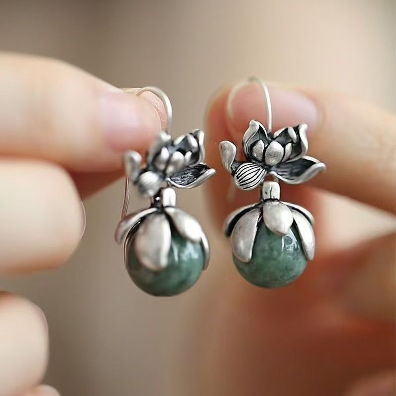 Miyan Retro Lotus รอบลูกปัดหู Hook หญิง Niche Design ใหม่สไตล์จีนหรูหราสไตล์แห่งชาติ High-End อารมณ์ Texture ต่างหู