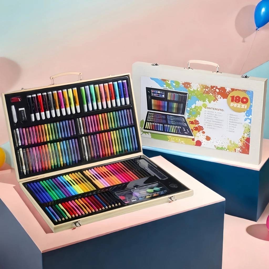 ชุดระบายสี 180 ชิ้นสุดคุ้ม (กล่องไม้พาเลทอย่างดี)  รวมสีไม้ สีน้ำ สีเทียน สีเมจิก สีสวย ระบายง่าย (ส่งจากไทย)