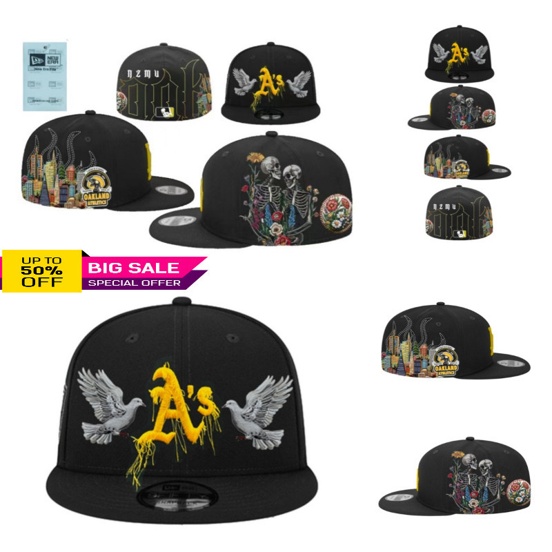 ใหม่/Era World Series Oakland Athletics Oakland Love Life หมวกสีดําแฟชั่นใหม่ประณีตเต็มหน้าจอปักมือผ