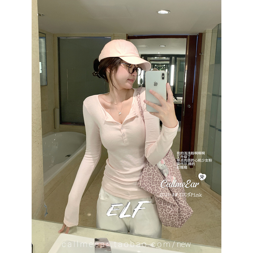 เสื้อแขนยาวคอกลมเปิดสีชมพูสำหรับผู้หญิง พร้อมสวมใส่ง่ายในทุกวัน