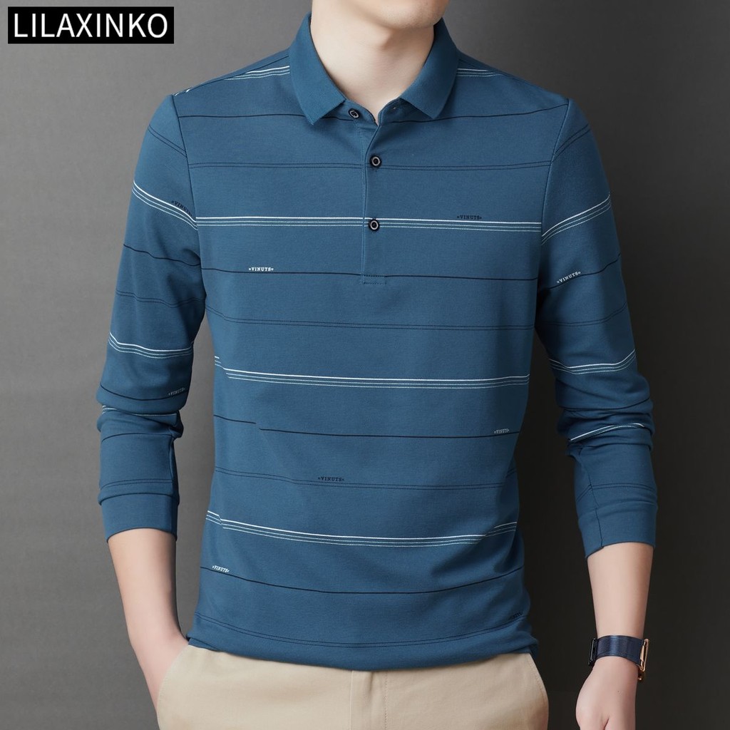 เสื้อโปโลผู้ชายแขนยาวลายทาง พื้นฐานสำหรับสวมใส่ลำลองในสไตล์คลาสสิกแฟชั่น