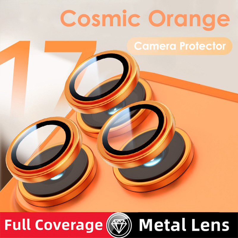 Cosmic Orange ตัวป้องกันเลนส์กล้อง สําหรับ iPhone 17 Pro Max Air 16 16E 15 14 Pro Max 16 Plus คลิกเดียวติดตั้งคลุมทั้งหมดแหวนโลหะกระจกนิรภัยฝาครอบกล้อง
