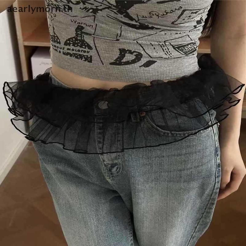 AA ใหม่ตาข่ายลูกไม้มินิกระโปรง Ruffles Y2K Streetwear Ruched กระโปรง Harajuku ดูผ่านเอวจีบกระโปรงกาง