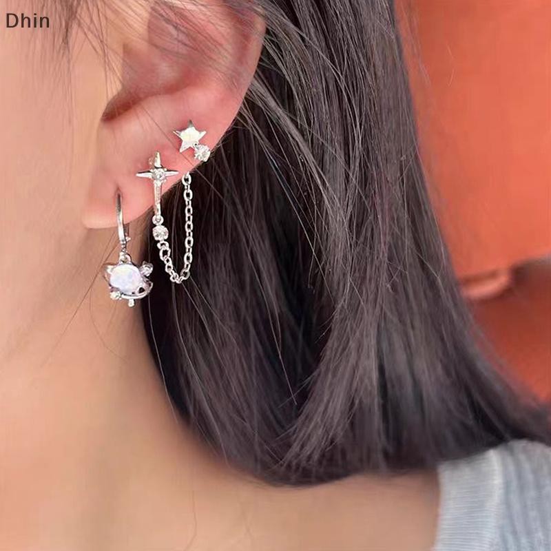 [Dhin] 6 ชิ้นชุด Goth Punk คริสตัล Moon Cross Star จี้ต่างหูสําหรับผู้ชายผู้หญิง Y2K Vintage Aesthet