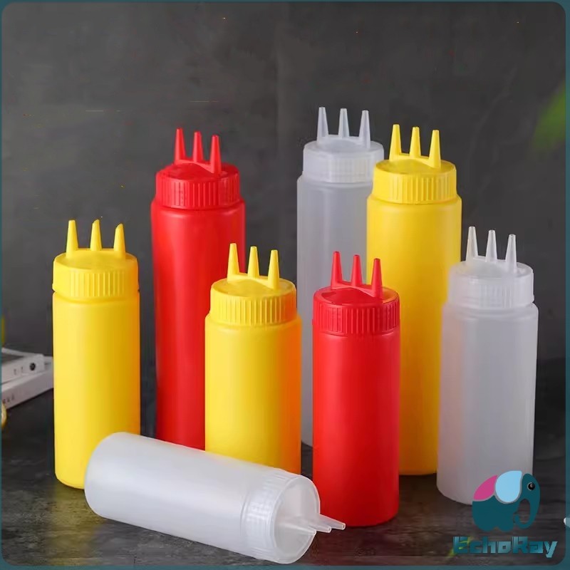 E.R ขวดน้ำสลัด ขวดบีบซอสพลาสติก ขวดแยม 3 รู ฝาครอบ Condiment Squeeze Bottles