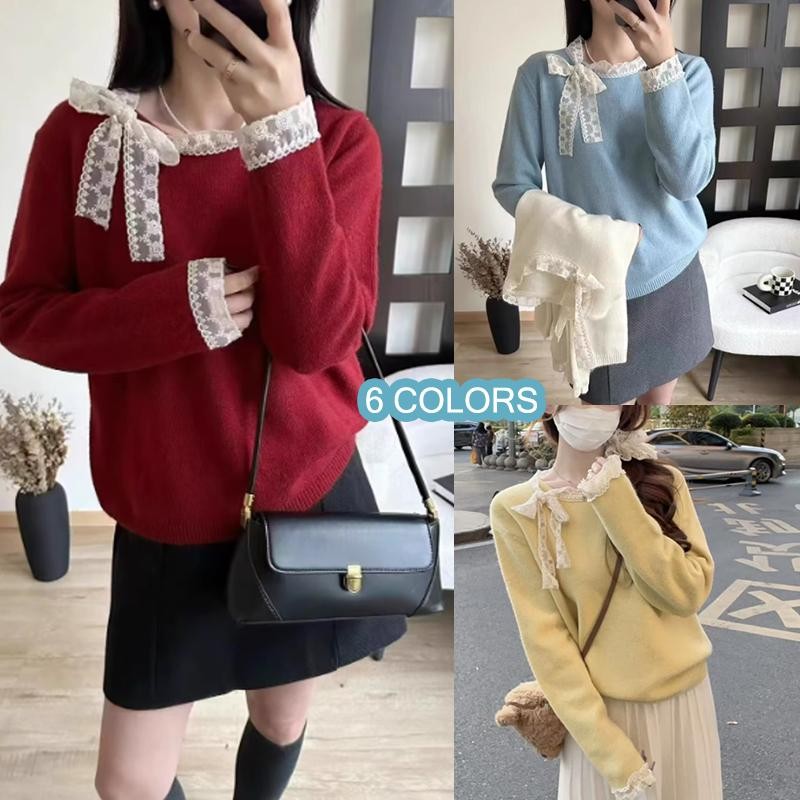 mimi&didi#เสื้อสเวตเตอร์ลูกไม้โบว์เวอร์ชั่นเกาหลีสำหรับผู้หญิง ฤดูใบไม้ร่วงและฤดูหนาวคอกลมแขนยาวถักสีแดง#N108