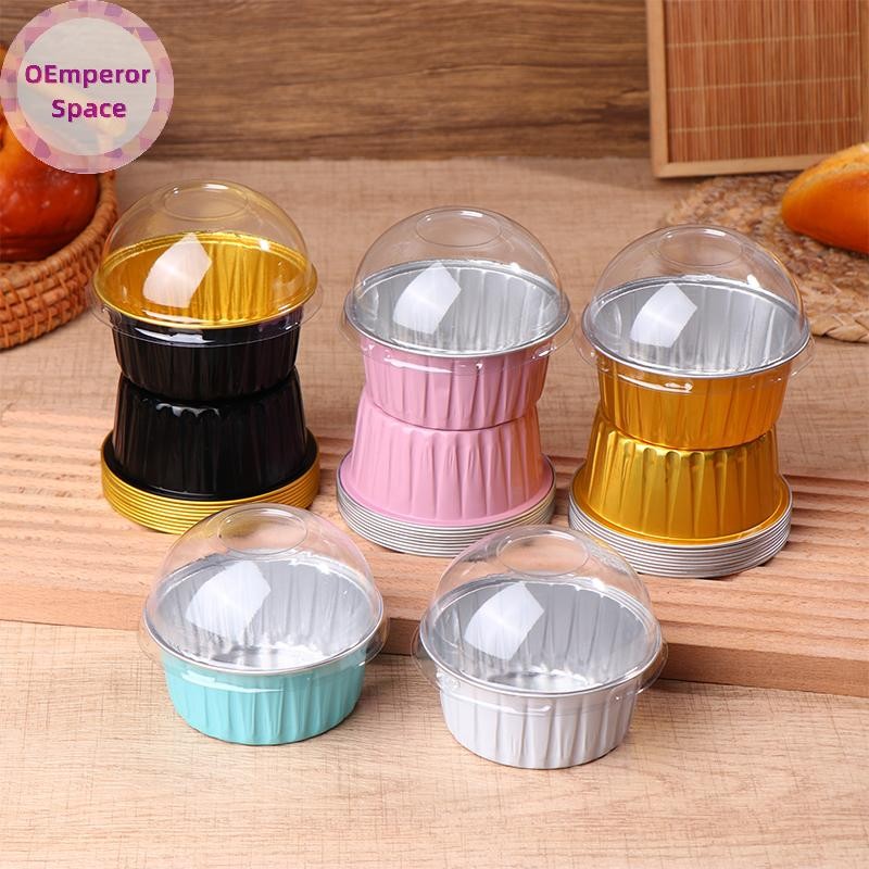 OEmperor 10 ชิ้น 125 มิลลิลิตร Ramekins พร้อมฝาปิดโดมอลูมิเนียมฟอยล์เบเกอรี่ถ้วย Cupcake มัฟฟิน Line