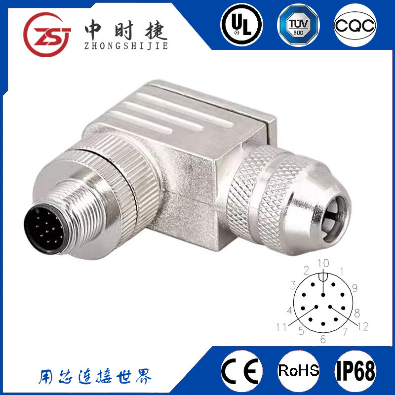 M12-12 Pin โค้งชาย Connector หญิงกันน้ําการบินปลั๊กเชื่อม All-Metal Connector Sensor Connector