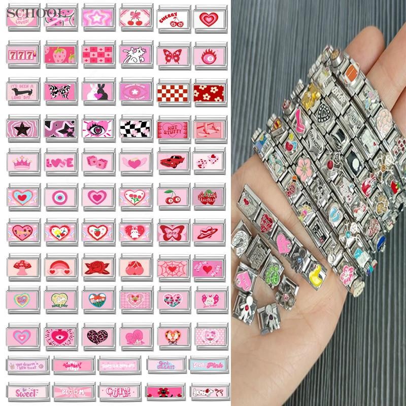 Girly Pink Series สร้อยข้อมือสไตล์อิตาเลียน Charm ขนาด 9 มม. สแตนเลส เซตเครื่องประดับแบบ DIY เพิ่มความเก๋ไกด์ให้คุณ