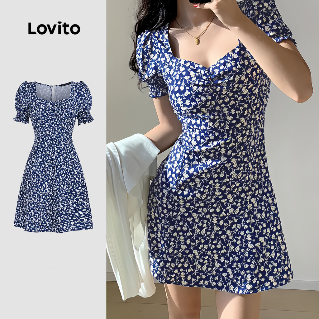 Lovito ชุดเดรสฤดูร้อน/ฤดูใบไม้ผลิสำหรับผู้หญิง สไตล์โบโฮ ลายดอกไม้เล็กๆ ซิปรูด L131ED151