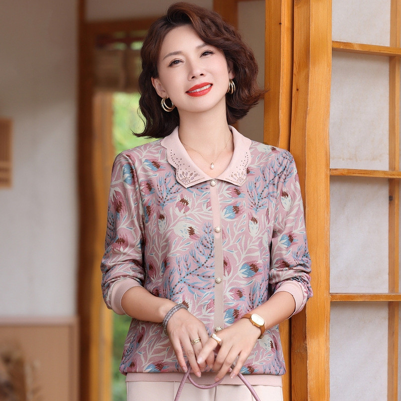 Mom New Autumn Clothing Polo Collar Top Middle-Aged and Elderly Women's Clothing Spring and Autumn L