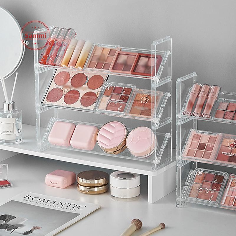 Sammi 3 ชั้นอะคริลิคเครื่องสําอางชั้นวางอายแชโดว์อเนกประสงค์ถาด Blush ชั้นวางของ Creative Desktop ของเล่น Sundries Organizer TH - รูปที่ 5