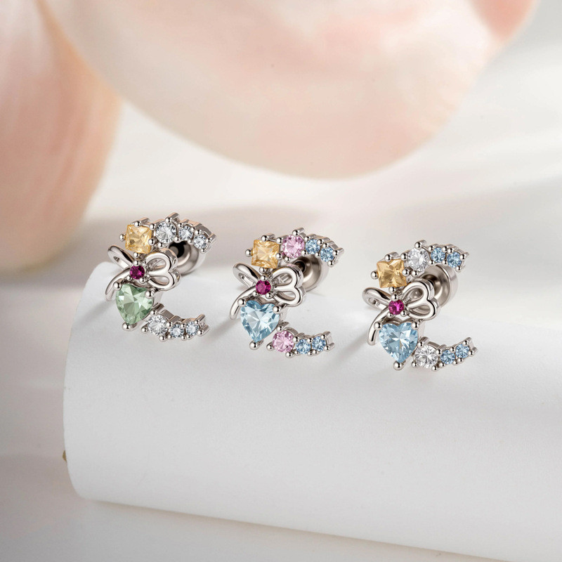 Sweet Love Cool Feeling Micro-Inlaid Zircon Heart Bow Double-Headed Screw กระดูกอ่อนเจาะ Moon Ear Stud ต่างหู