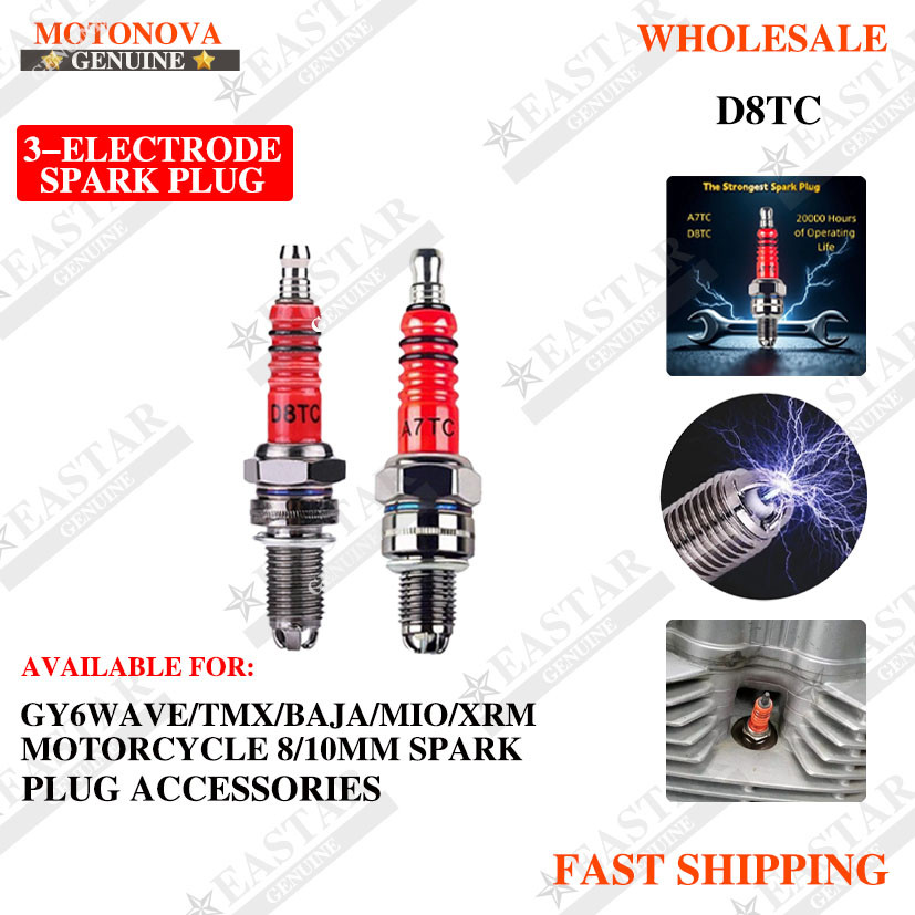 หัวเทียน A7TC D8EA ประสิทธิภาพสูง 3 อิเล็กโทรด สำหรับ GY6 CG125 สกูตเตอร์ 50cc-150cc รถจักรยานยนต์ ขนาด 8, 10 มิลลิเมตร 1 ชิ้น