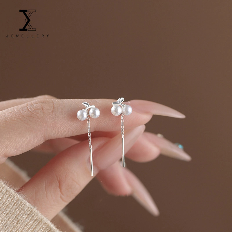 100% S999 Sterling Silver Cherry Pearl Ear Line Sweet Fashion All-Match