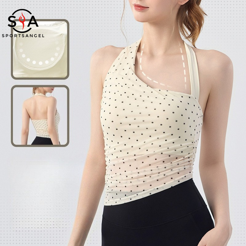 【Sportsangel 】 (เบาะคงที่) สปอร์ตบราเซ็กซี่ไม่สม่ําเสมอ Halter เอว Pleats กันกระแทก Bra พิลาทิสโยคะ