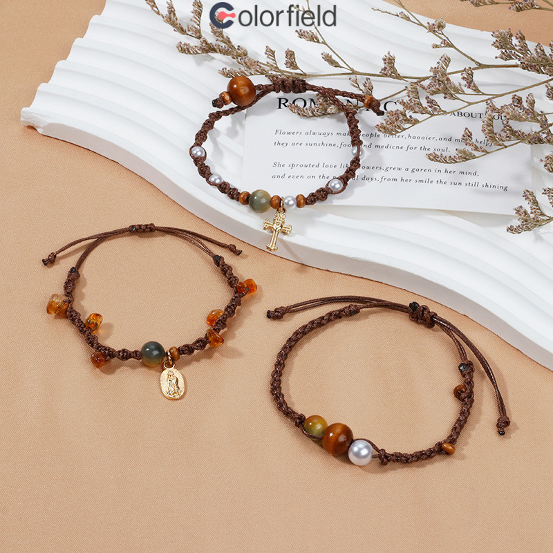 Colorfield สร้อยข้อมือหินตาแมววินเทจ ทอมือแบบเรียบง่ายสำหรับผู้หญิง-COD