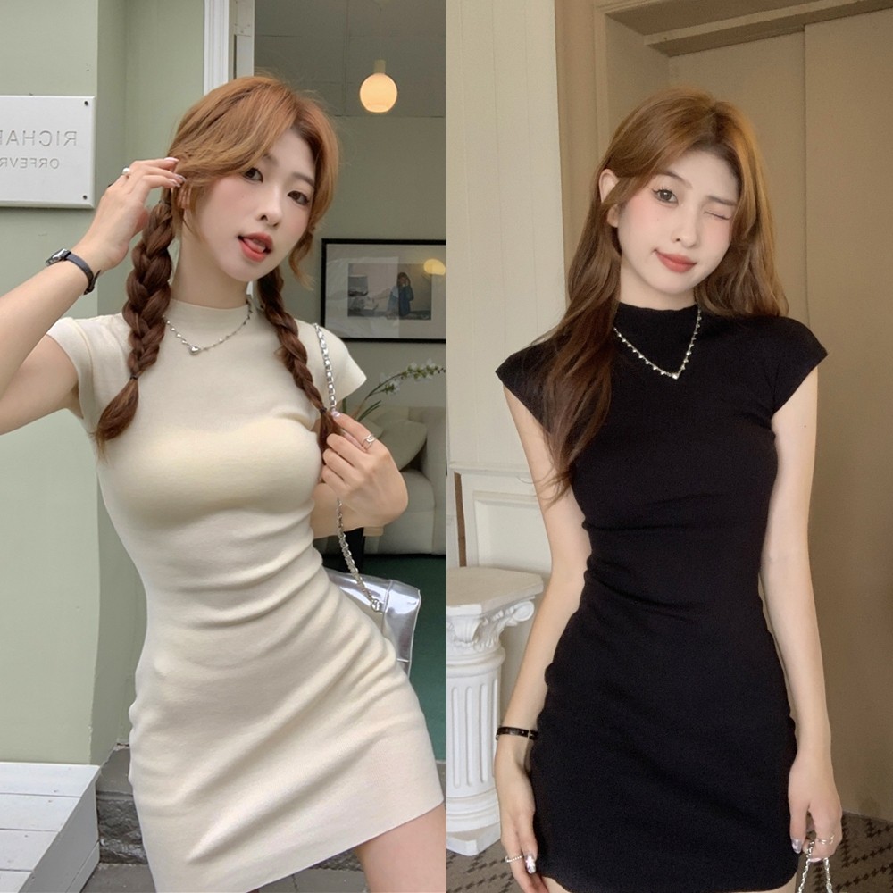Bella เดรส อารมณ์สไตล์เกาหลีของผู้หญิงเดรสผ้ายืด สีดำเดรสออกงาน