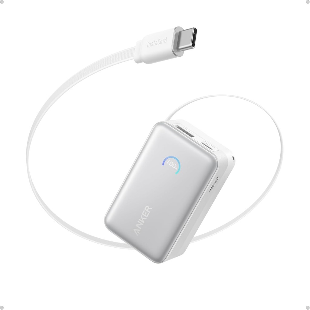 An ker A1638 Nano Portable Charger, 10,000mAh 45W Max Compact Power Bank, Travel Essential แบตเตอรี่โทรศัพท์ชุด 2.3 ฟุต InstaCord Retractable Cable สําหรับ iPhone 17/16/15 Series
