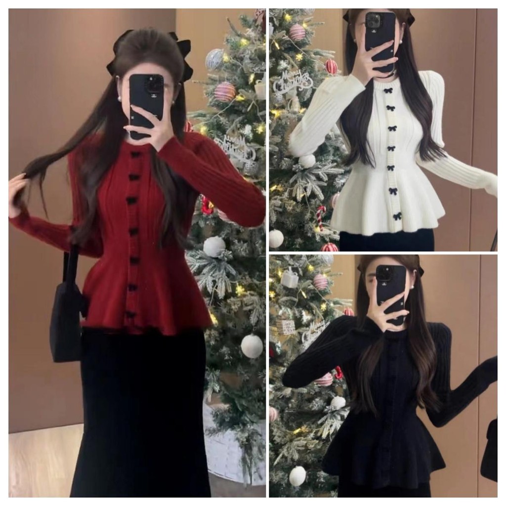 Chili Koko เสื้อสเวตเตอร์คอกลมแขนยาวสีแดง ทรงเข้ารูป กระดุมโบว์ ถักด้วยผ้าคาร์ดิแกน พร้อมระบายเก๋ๆ B073