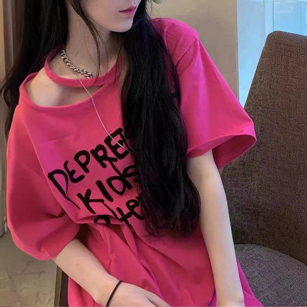 เสื้อสาวอวบ เสื้อเอวลอย เสื้อคอบัว เสื้อยืดแขนสั้นสีแดงกุหลาบผู้หญิงฤดูร้อนสไตล์ฮาราจูกุออกแบบซอกหลว