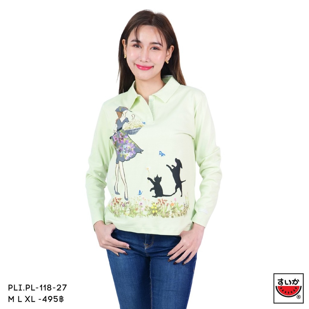 เสื้อแตงโม (SUIUKA)-เสื้อยืดแตงโมคอปกแขนยาว ผ้าคอตตอนอินเตอร์ล๊อค ลายริ้ว (PLI.PL-118) — صورة 3