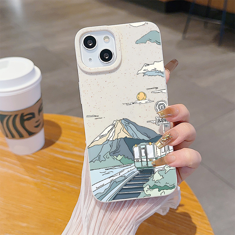 ไอโฟน 13 เคสโทรศัพท์เปลือกข้าวสาลี for iPhone 13 12 14 11 15 16Pro Max XR X XS 14 15 16 Plus ทิวทัศน์ภูเขาสไตล์อะนิเมะ