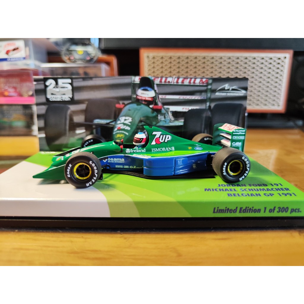 F1 Racing Model 1: 43 Mini Cut Jordan J191 Schumacher Belgium Station 1991 M. ชูมาเชอร์ ลิมิเต็ด 300