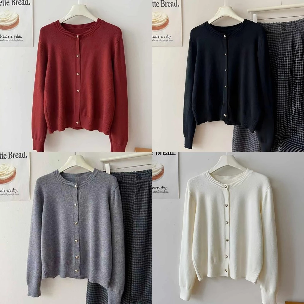 Chili Koko เสื้อคาร์ดิแกนถักแขนยาวสไตล์เกาหลีสำหรับผู้หญิง ปุ่มหัวใจ 88025