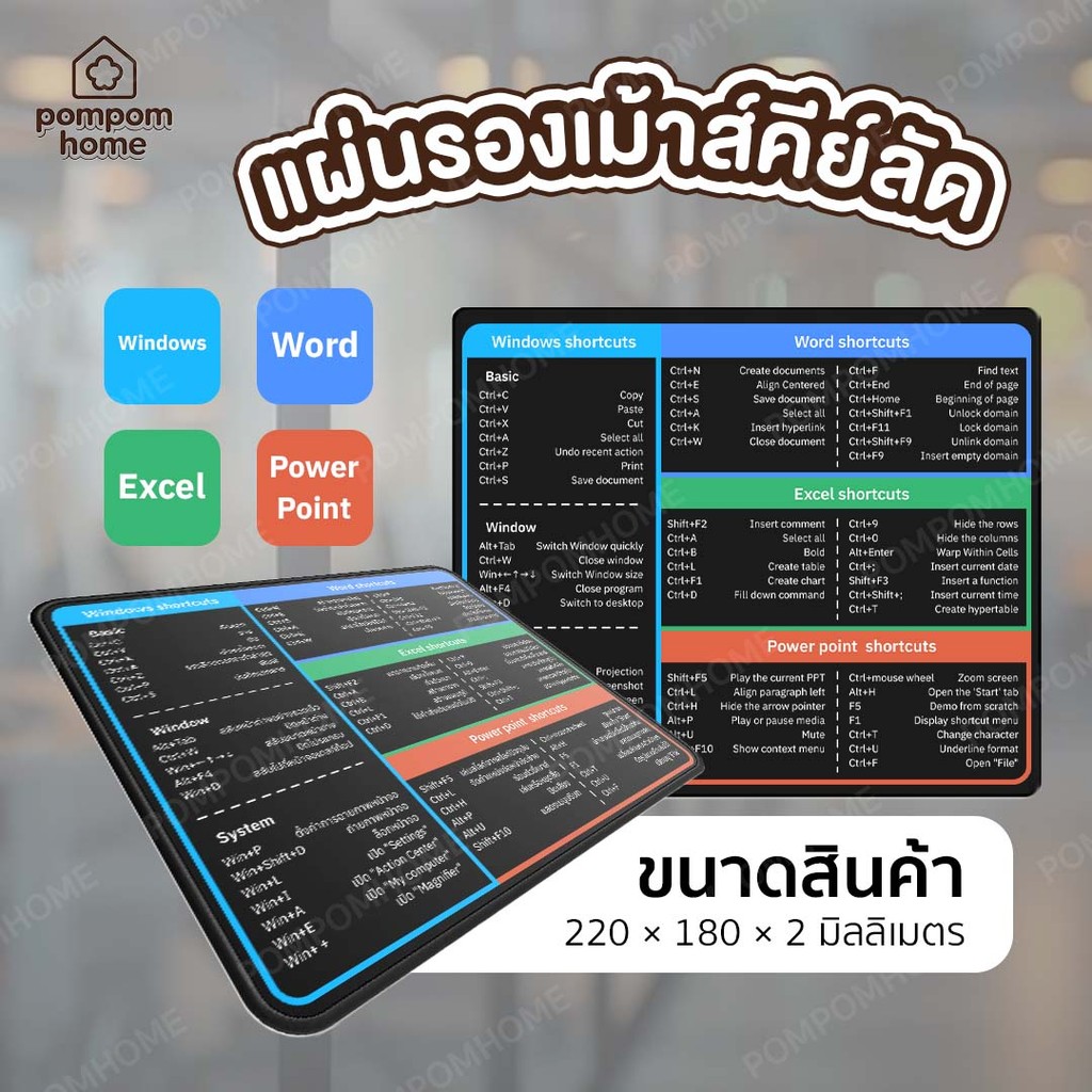 แผ่นรองเมาส์ Mouse pad แผ่นรองเม้าส์คีย์ลัด มีแผ่นยางกันลื่น