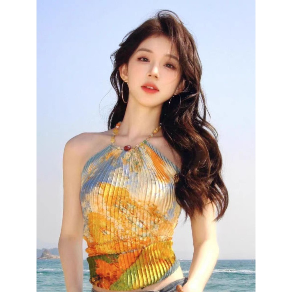 สไตล์วันหยุดชายทะเลสวมใส่ภาพวาดสีน้ํามันเสื้อกั๊กสั้นผู้หญิงฤดูร้อนเซ็กซี่เชือกแขวนคอคอสลิงซอกการออก