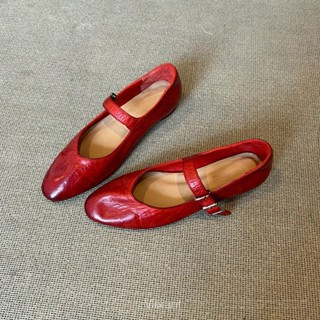 ‌รองเท้าแมรี่เจนหนังวัวผู้หญิง - ปลายกลมโบว์พับ รองเท้าบัลเล…