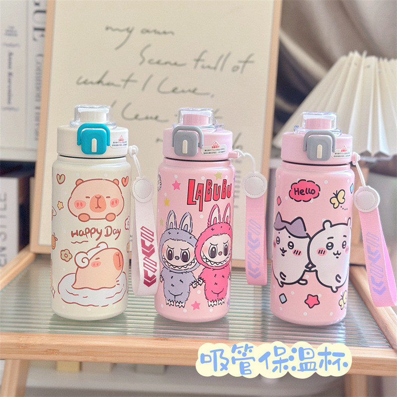 Jiyi Kawai Thermos Cup 316 Student Straw Drinking Cup ความจุขนาดใหญ่พร้อมสายรัดข้อมือถ้วย Kapibara ข
