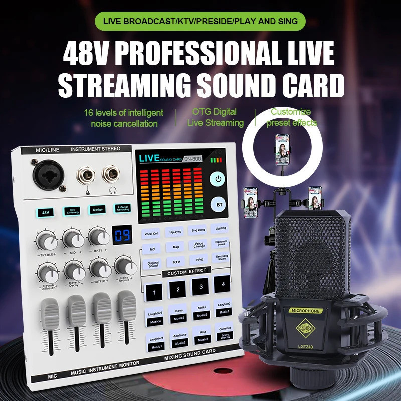 การออกแบบที่ปรับได้ Professional SN800 ชุดการ์ดเสียงพร้อม U68 ไมโครโฟนไร้สาย RGB เครื่องผสมเสียง 48V