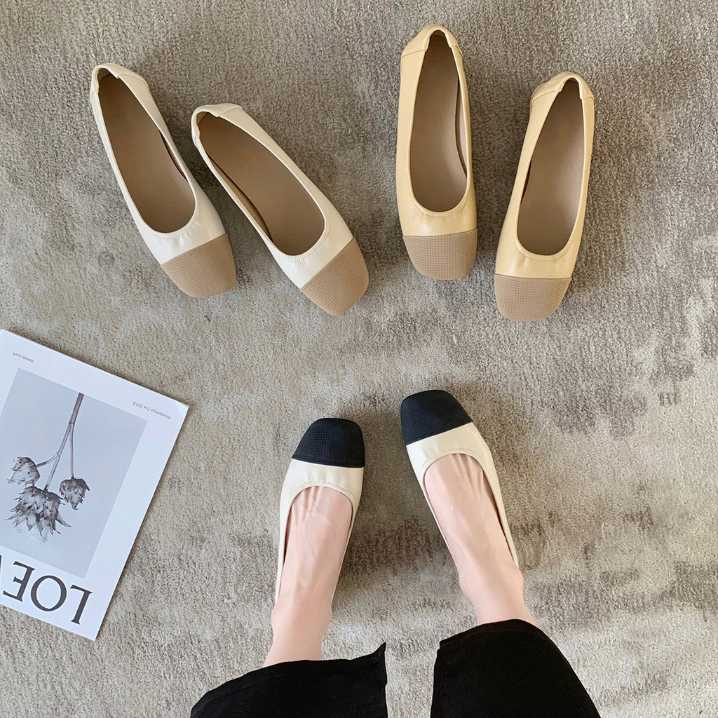 One-Pedal Square Toe Soft-Soled ส้นหนา Peas รองเท้า Commuter การจับคู่สีขนาดเล็กปากตื้น All-Match รองเท้าแบนผู้หญิง