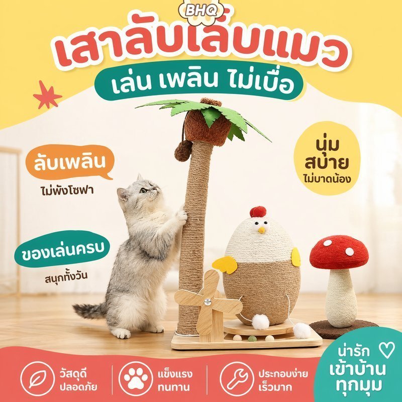 BHQ ลับเล็บแมว เสาลับเล็บแมวได้ ทำจากไม้เนื้อแข็งและป่านศรนารายณ์  ไอเท็มที่ดูดี รูปทรงการ์ตูน