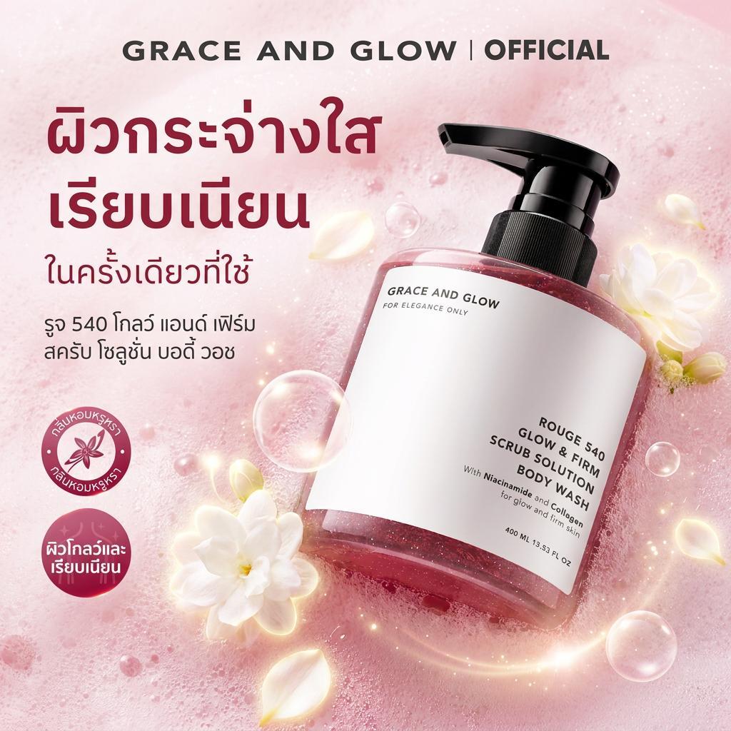 Grace and Glow Rouge 540 Glow & Firm Scrub Solution Body Wash ครีม อาบน้ำผสมสครับ (Niacinamide + Collagen)