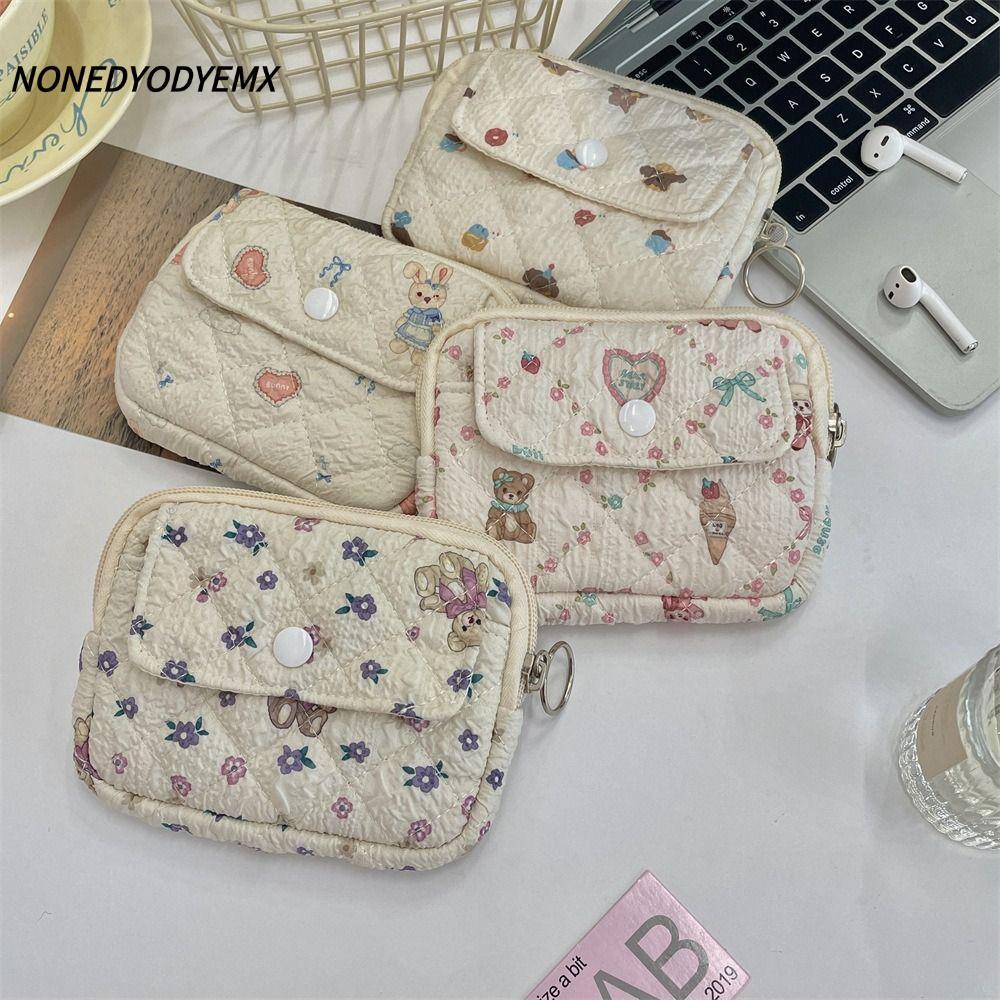NONDYOMX กระเป๋าใส่เหรียญกุญแจลายดอกไม้การ์ตูนแบบพกพา ที่ใส่บัตรมัลติฟังก์ชั่น