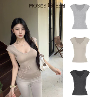 MOSESQUEEN โมเสสควีน เสื้อยืดแขนสั้นคอวีรูปหัวใจสําหรับผู้หญิงในช่วงฤดูร้อนแบบใหม่อเนกประสงค์เข้ารูปใส่แล้วดูผอมแขนสั้น #63740