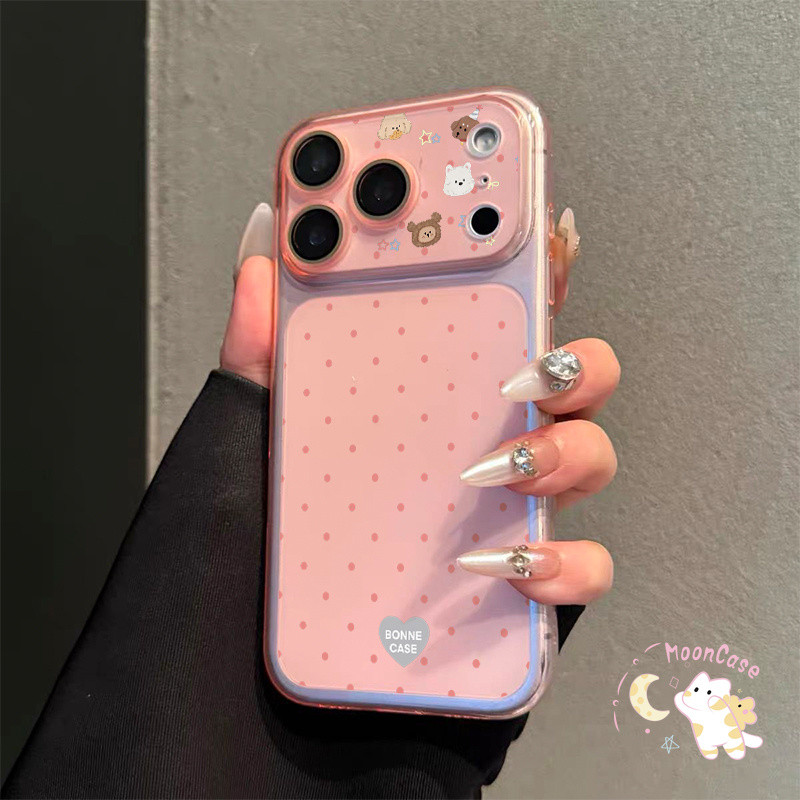 น่ารักสุดๆ เคสลายจุดหมี ฝาครอบเลนส์รวมในตัว สำหรับ iPhone 17 11 13 14 16 15 12 Pro Max 16 14 15 Plus