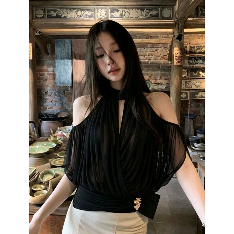 [ลดราคาจํากัดเวลา] ตาข่ายสีดําที่ไม่มีสายหนัง เชือกแขวนคอ ออกแบบกลวงรู้สึกภายในเอวสูง ผอมลง ดูสไตล์ขี้เกียจแฟชั่นสวมใส่ด้านนอกด้าน