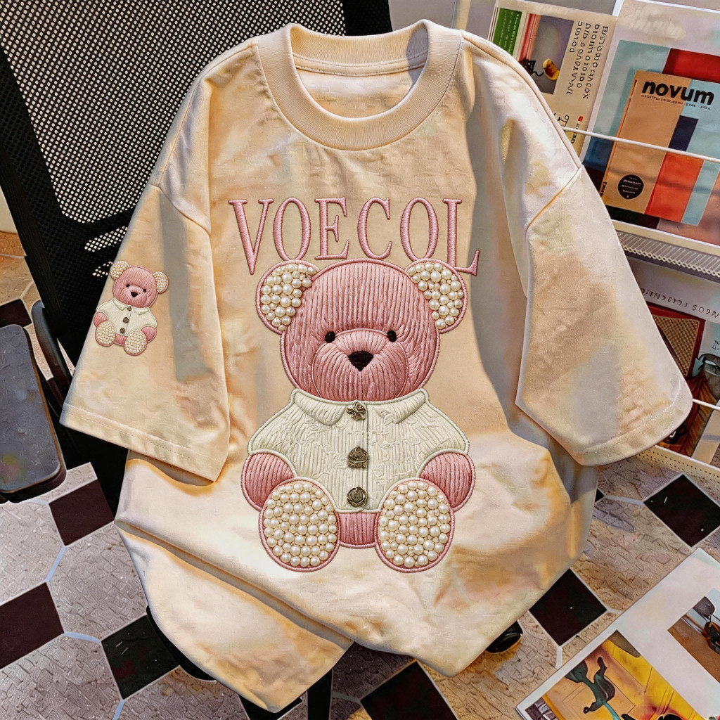 TEE·SHOPเสื้อยืด Oversize 'VOECOL Pink Bear' สไตล์เกาหลี