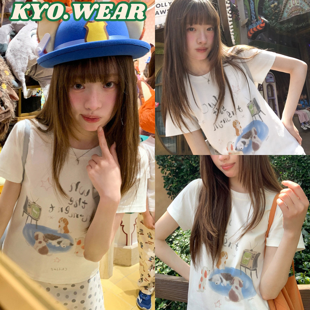 KYO เกาหลีสไตล์ เสื้อยืดผู้หญิง พิมพ์ลาย "OWH DOG" ทรงเข้ารูปเสื้อคอกลม ผ้าฝ้ายแท้ โคตรนุ่ม เสือใส่สบาย【COD】
