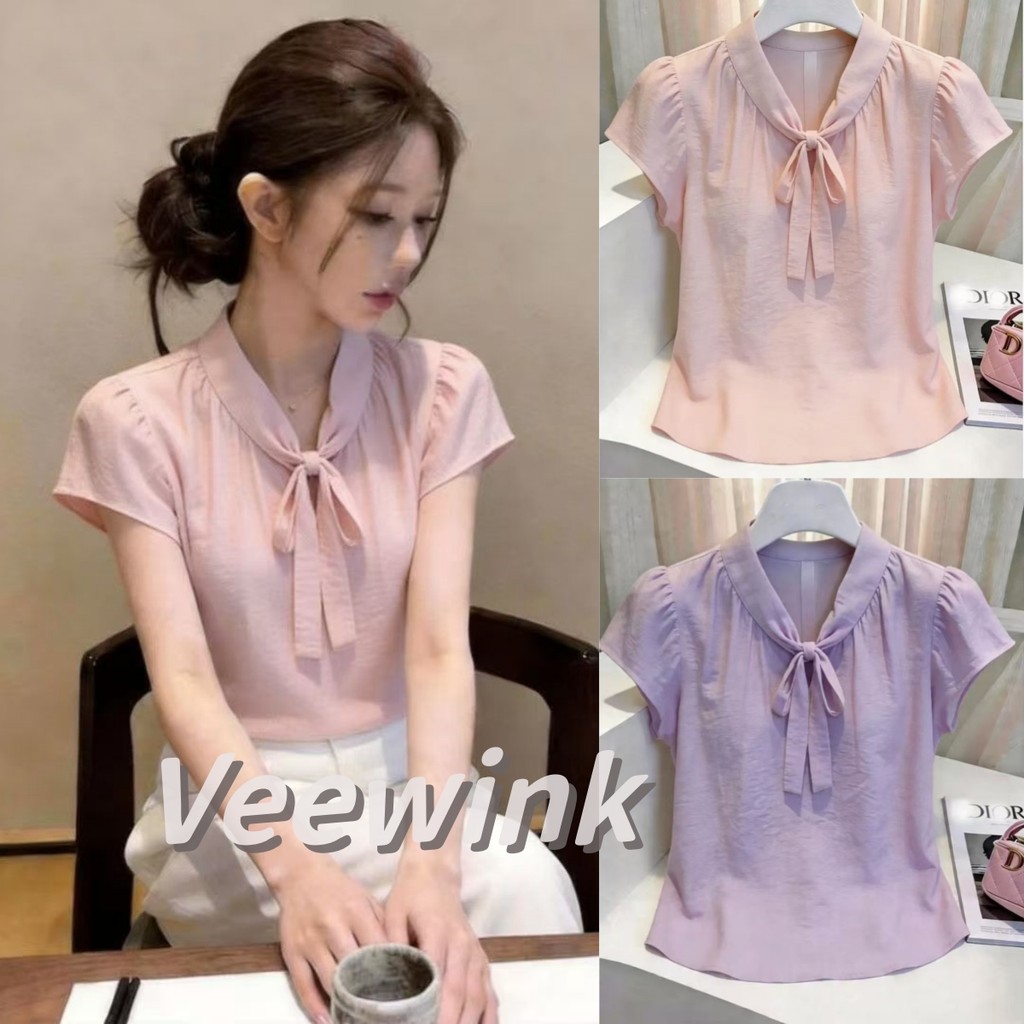 Veewink เสื้อเชิ้ตแขนสั้นสไตล์ฝรั่งเศสนุ่มนวล โบว์ผูกเชือกดีไซน์เก๋ ดูแพง ใส่ได้ทุกแมทช์ เนื้อผ้านุ่ม