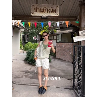 ❤ 🧵 🇰🇷 SU345 สายเดี่ยวเลเยอร์ดีไซน์เก๋ (งานเย็บติด) แต่งลูกปัดด้สนหลัง ใส่แล้วดูมีสไตล แฟชั่นเกาหลี TAG MM Fish 🧡