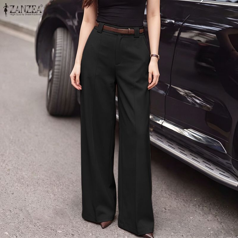 ZANZEA ใส่ ซานเซีย ผู้หญิงเกาหลีที่สง่างามทํางานอย่างเป็นทางการ เฒ่า เอวสูงกับกระเป๋าสีทึบกางเกงสูทขากว้าง — صورة 4