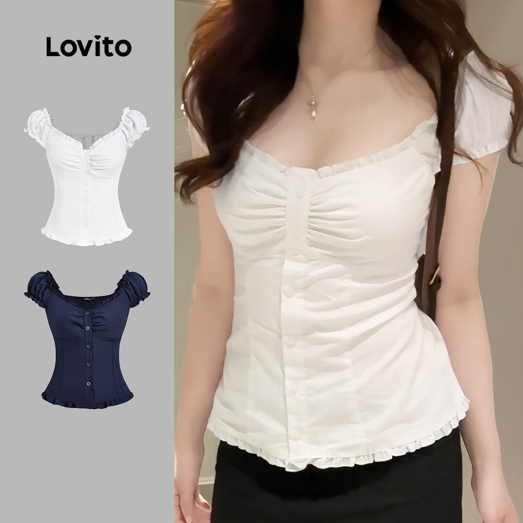 Lovito แคชชวล เสื้อบอดี้หญิงน่ารัก สไตล์เสื้อเบลาส์แขนยาว สีขาว พร้อมขอบผักกาด สำหรับฤดูใบไม้ผลิ/ฤดูร้อน L143AD190