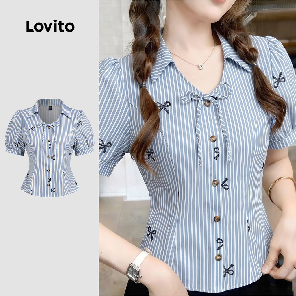 Lovito เสื้อเบลาส์ลําลองผูกเชือกกระดุมสไตล์สปริง/ซัมเมอร์ สีฟ้าสําหรับผู้หญิง LK4ED909